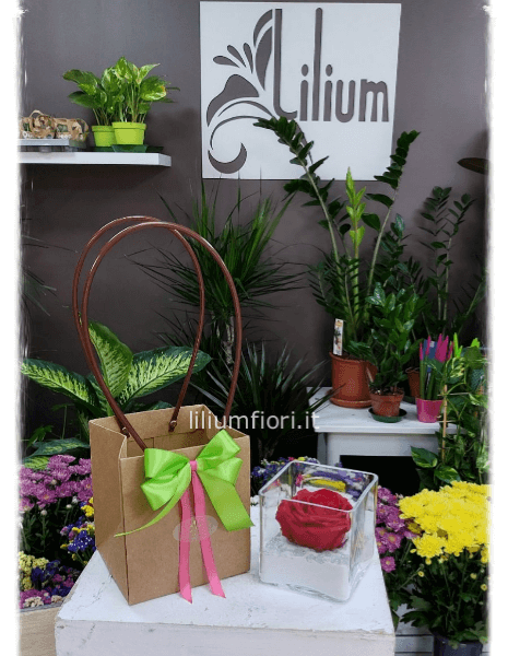 Rosa stabilizzata rossa in cubo di vetro